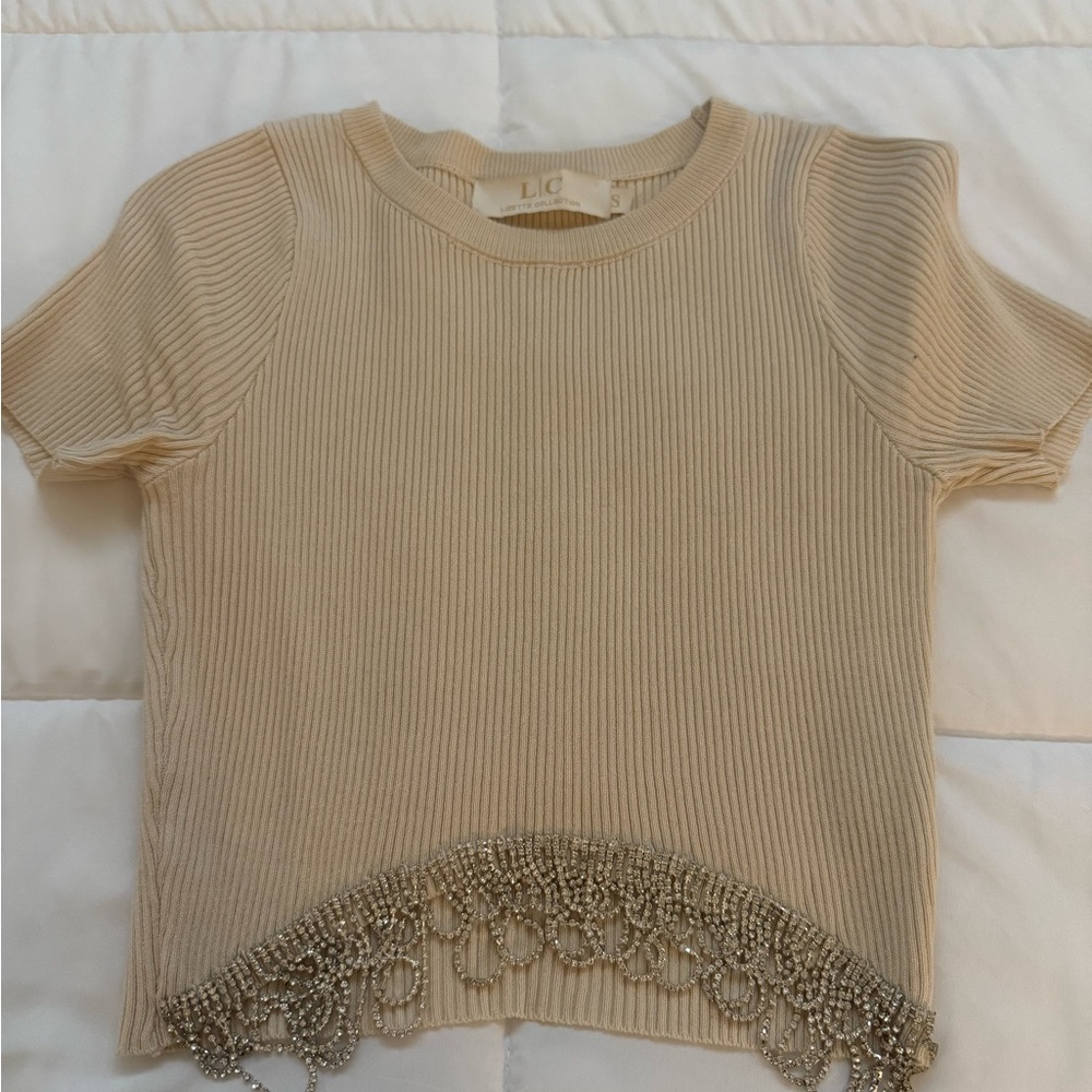 Beige Ribbed Top with Beaded Hem